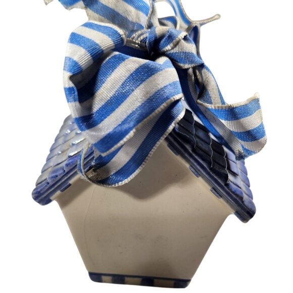 Vintage Mudpie Birdhouse Handpainted Flowers Bee blue yellow cottagecore spring - Picture 2 of 6